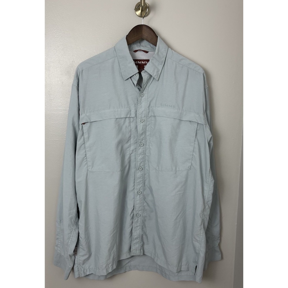 SIMMS Mens Fishing Tech Shirt Size Large‎ Blue Green LS Nylon Fish Hike Gorpcore